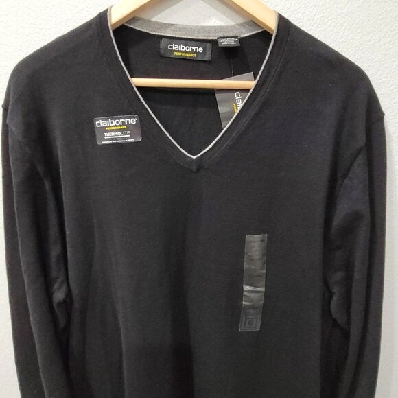 Men's Claiborne Performance ThermoLite Black V-Neck Pullover Sweater Size Large - Picture 2 of 11
